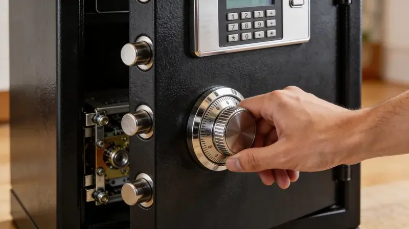 Nahaufnahme eines modernen Wandtresors mit elektronischem Zahlenschloss